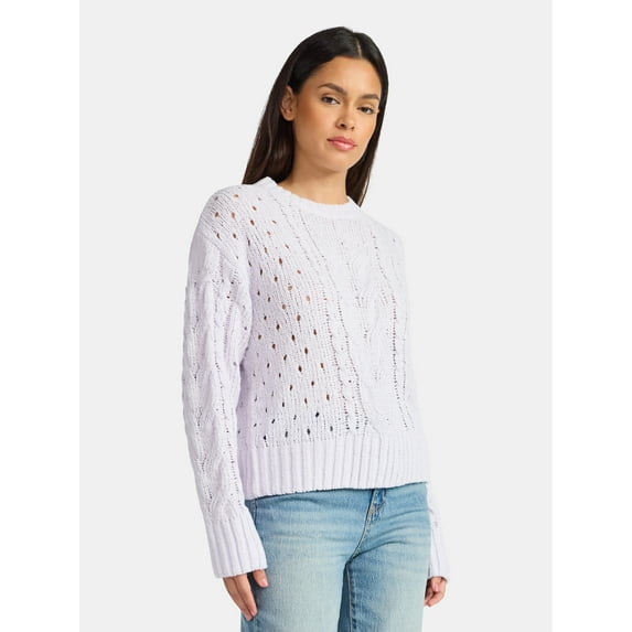 Time and Tru Women's Cable Knit Pullover Sweater with Long Sleeves, Midweight, Sizes XS-XXXL