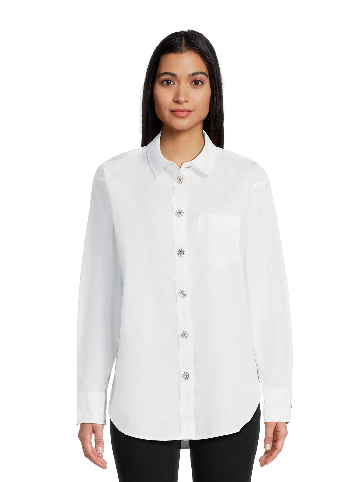 Time and Tru Long Sleeve Jewel Button Oversize Shirt - Walmart.com