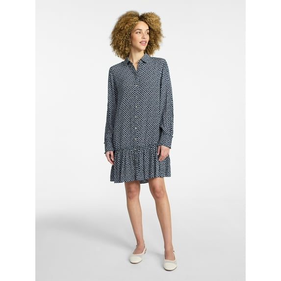 Time and Tru Women's Ruffle Trim Mini Shirtdress with Long Sleeves, Sizes XS-XXXL