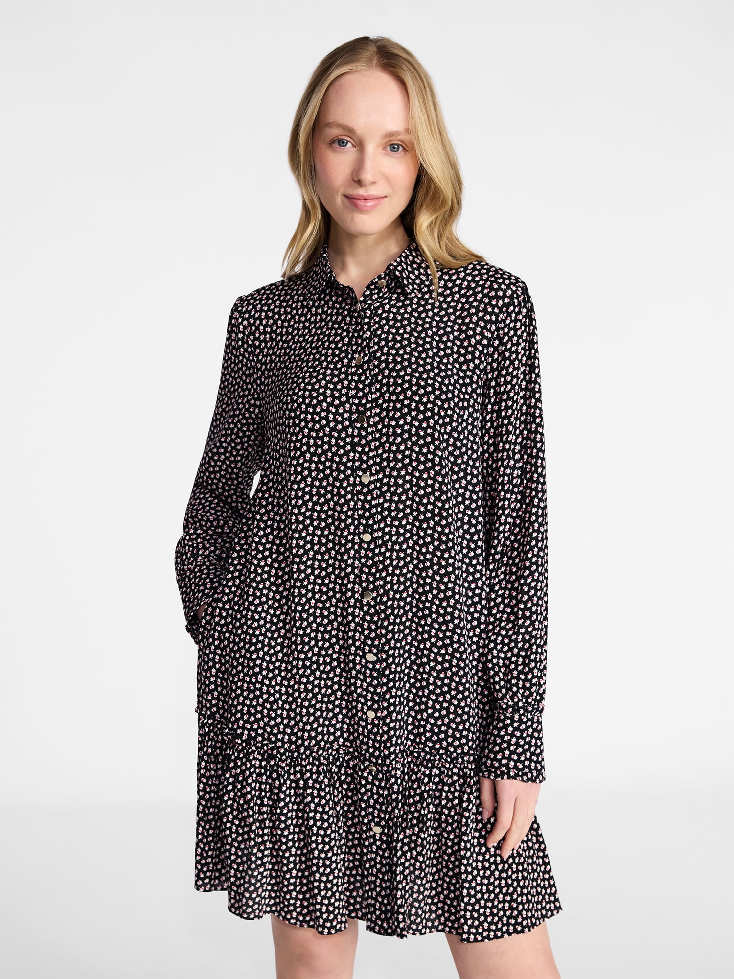 Time and Tru Women's Ruffle Mini Shirtdress, Sizes XS-XXXL