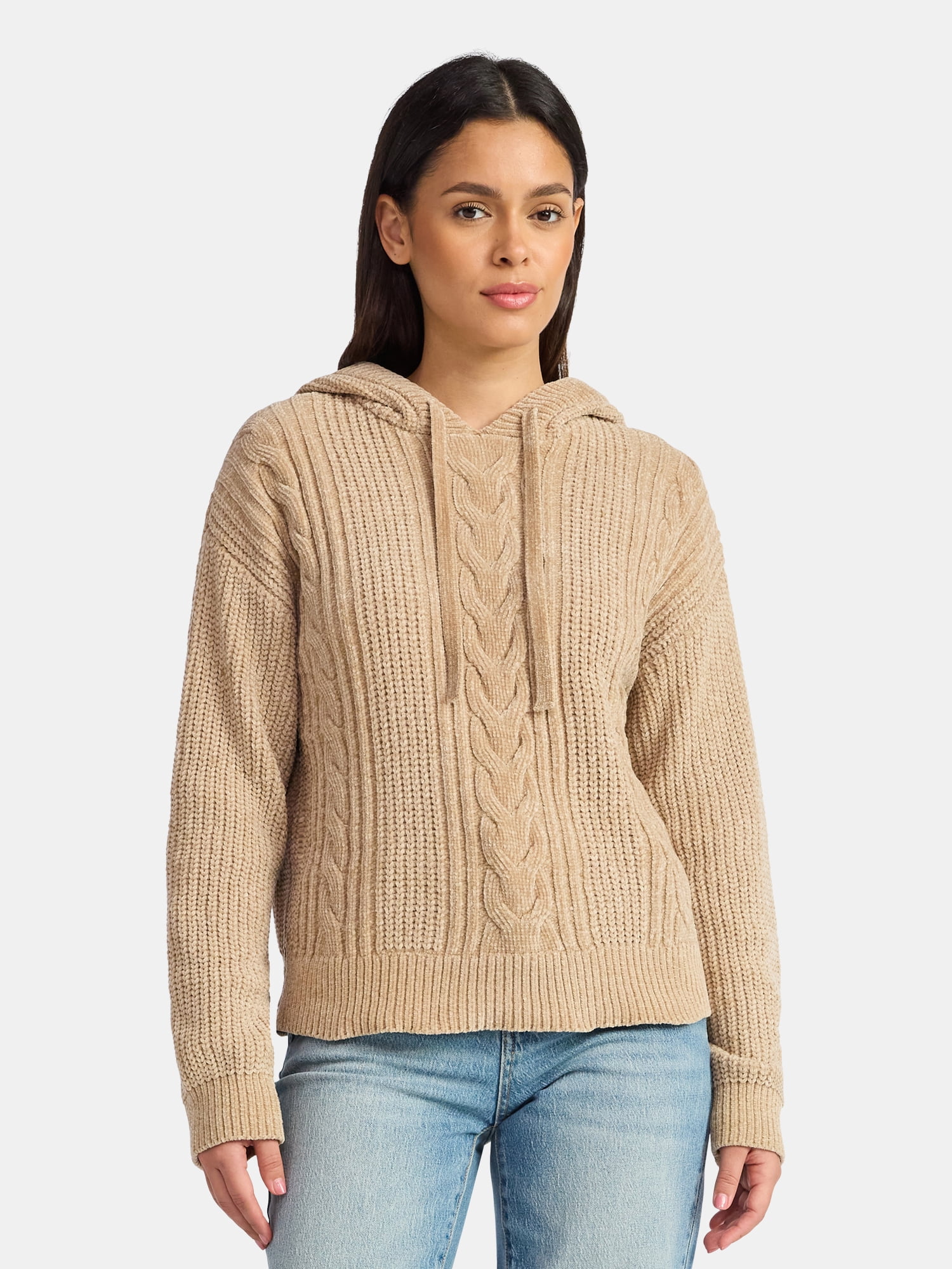 Time and Tru Women's Velveteen Hoodie Pullover Sweater with Long Sleeves, Sizes XS-XXXL