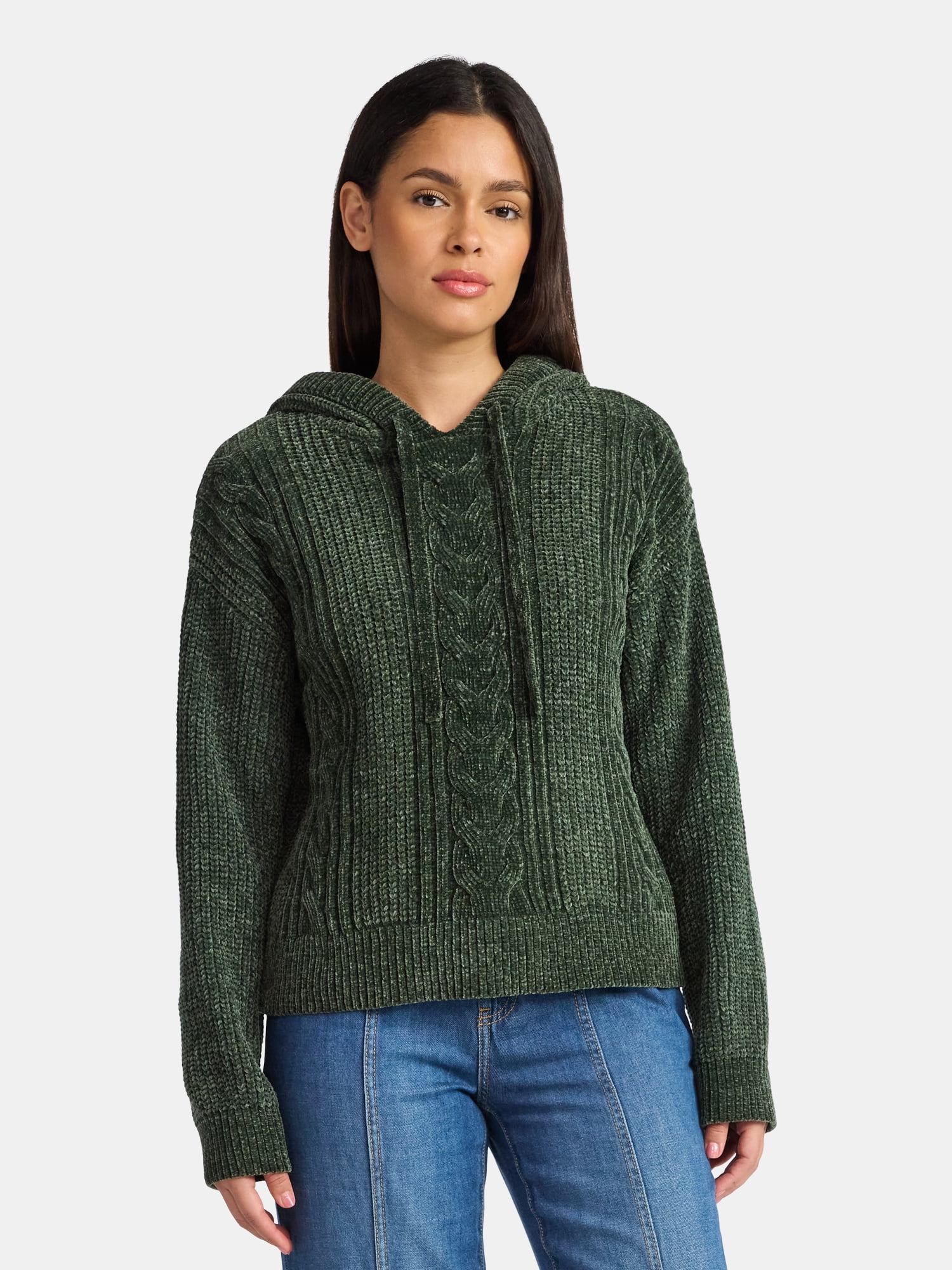 Time and Tru Women's Velveteen Hoodie Pullover Sweater with Long Sleeves, Sizes XS-XXXL