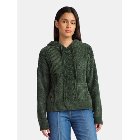 Time and Tru Women's Velveteen Hoodie Pullover Sweater with Long Sleeves, Sizes XS-XXXL