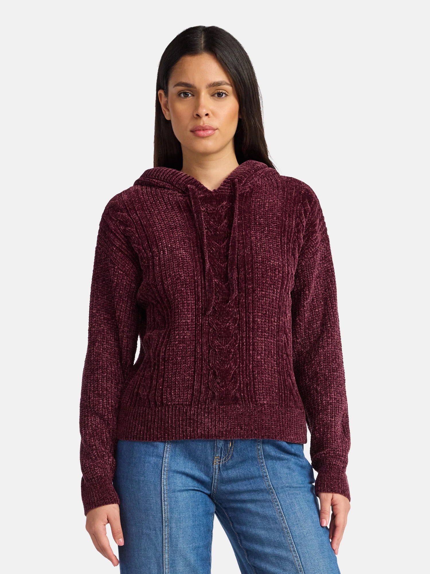 Time and Tru Women's Velveteen Hoodie Pullover Sweater with Long Sleeves, Sizes XS-XXXL