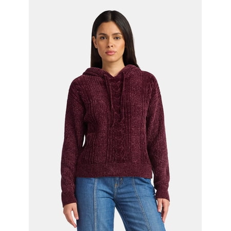 Time and Tru Women's Velveteen Hoodie Pullover Sweater with Long Sleeves, Sizes XS-XXXL