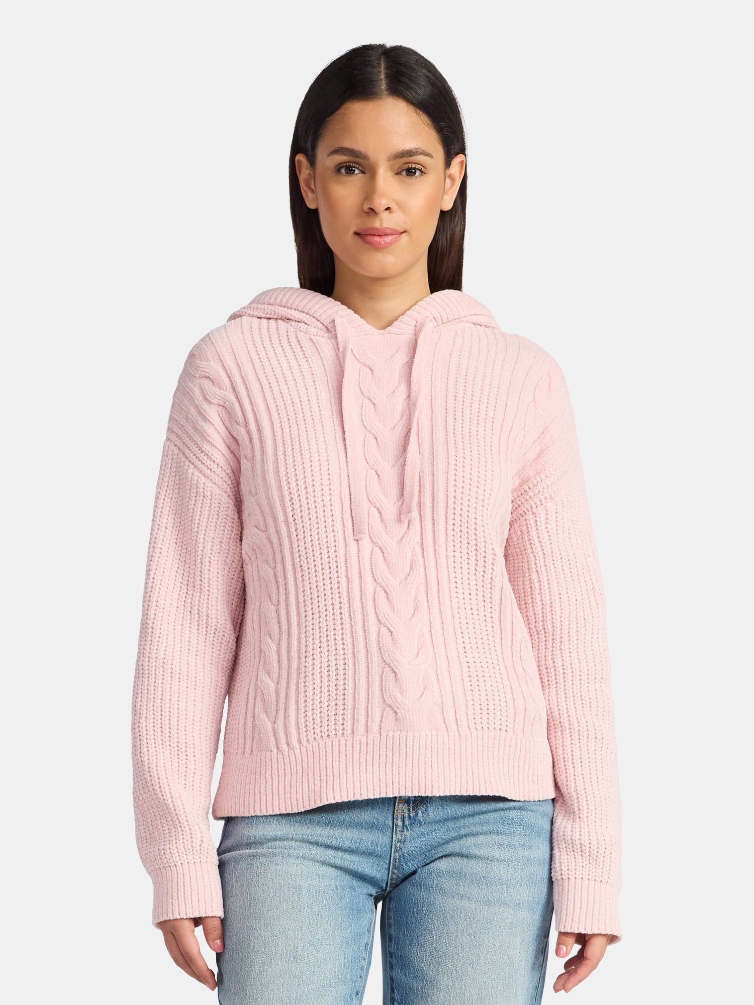 Time and Tru Women's Velveteen Hoodie Pullover Sweater with Long Sleeves, Sizes XS-XXXL