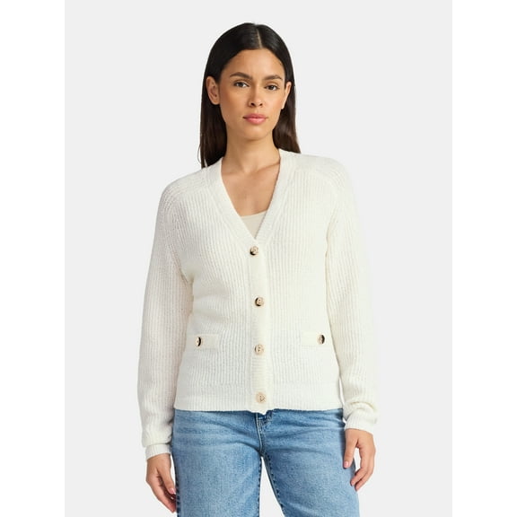 Time and Tru Women's V Neck Button Front Boucle Cardigan Sweater with Long Sleeves, Mid-weight, Sizes XS-XXXL