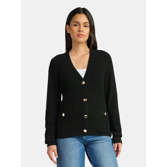 Time and Tru Women's V Neck Button Front Boucle Cardigan Sweater with Long Sleeves, Mid-weight, Sizes XS-XXXL