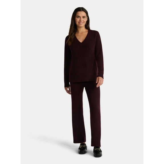 Time and Tru Women’s V Neck Sweater and Pants Set, 2-Piece, Sizes XS-XXXL