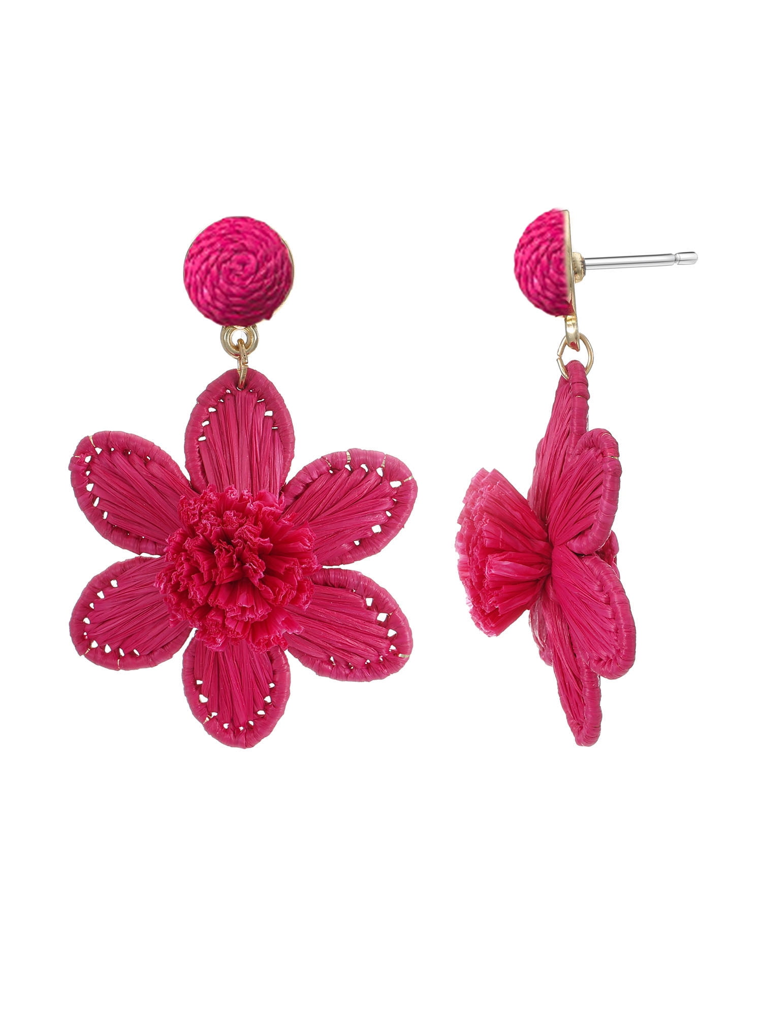 Time and Tru Women's Magenta Raffia Flower Earrings, 1 Pair
