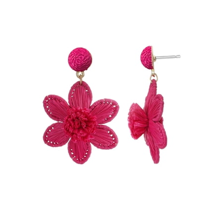 Time and Tru Women's Magenta Raffia Flower Earrings, 1 Pair