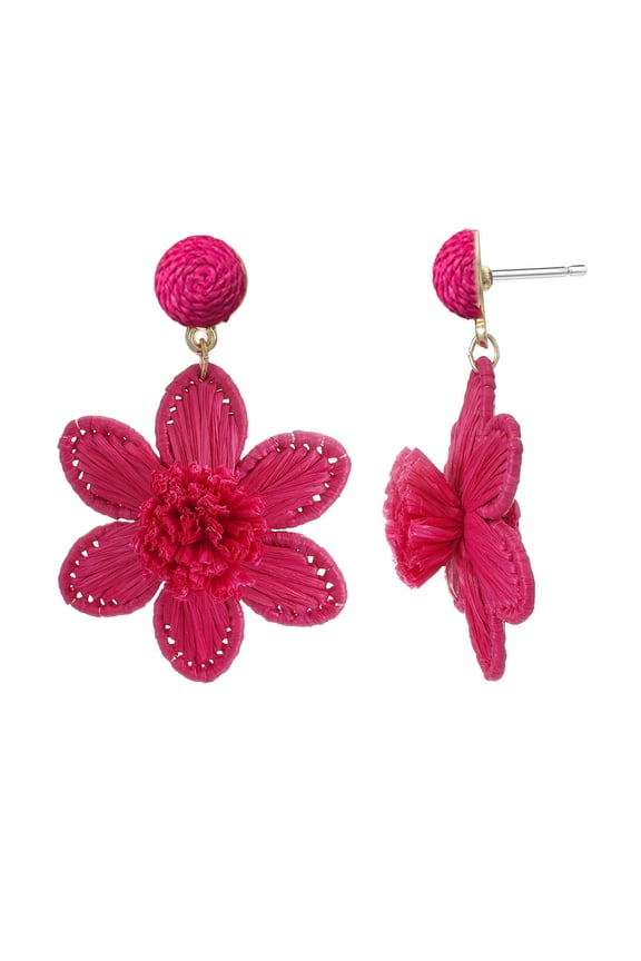 Women's Magenta Raffia Flower Earrings, 1 Pair