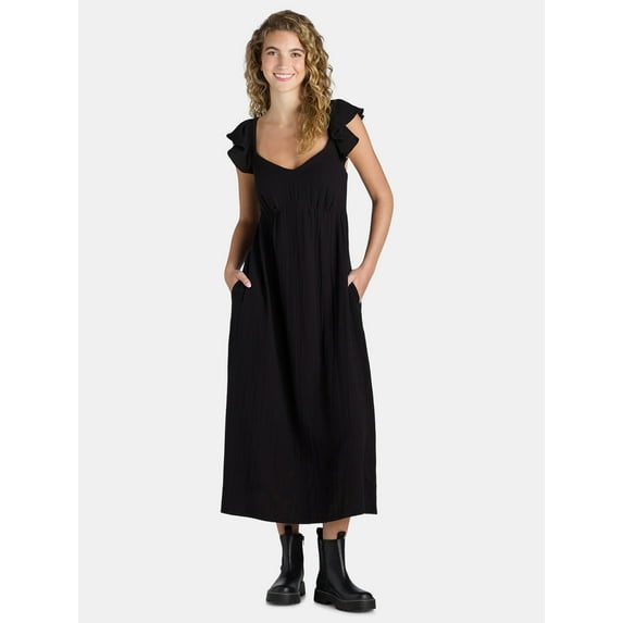 Time And Tru Women's and Women's Plus Midi Dress with Flutter Sleeves, Sizes XS-4X