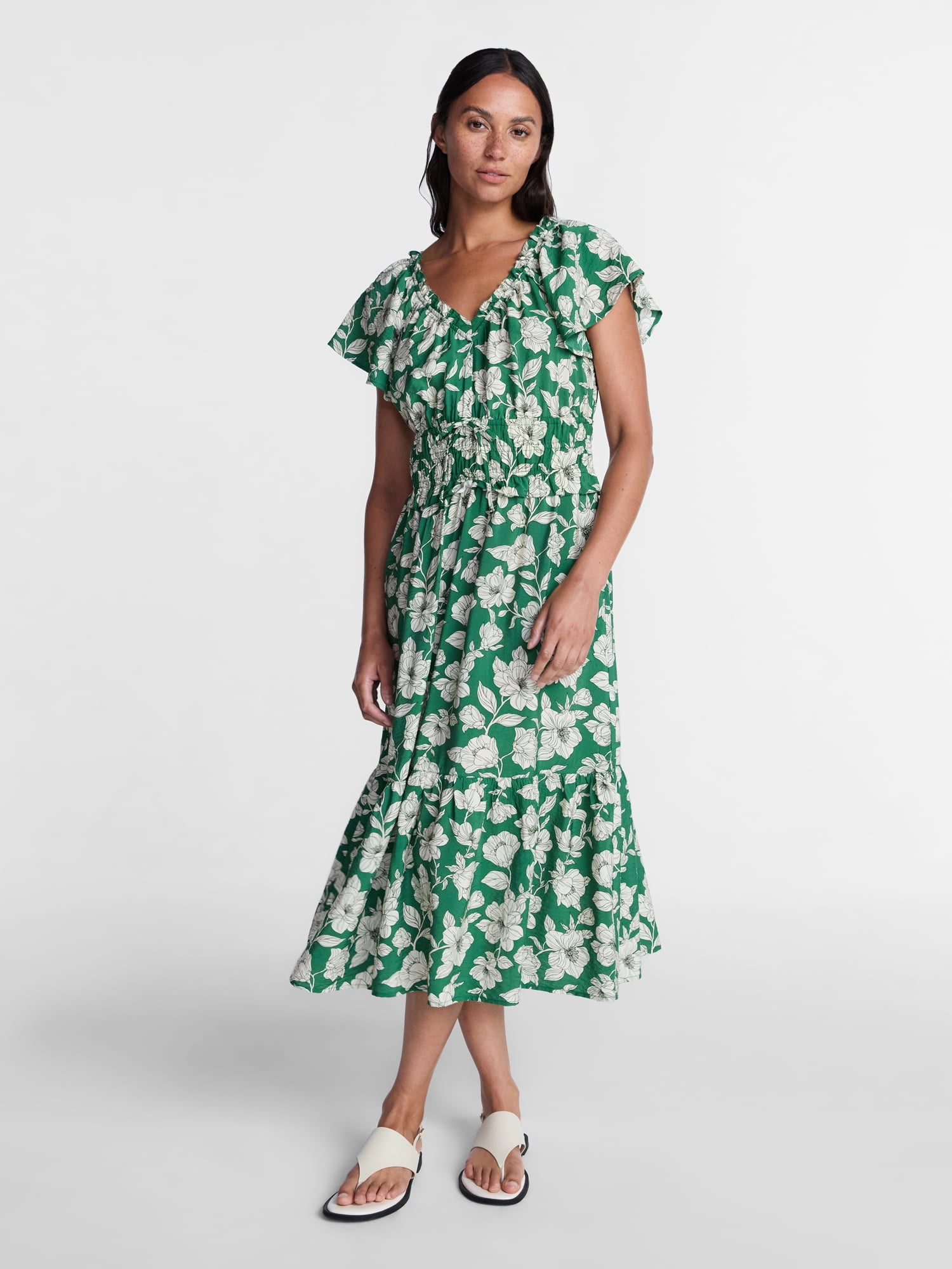 Time and Tru Women's Tiered Midi Dress with Flutter Sleeves, Sizes XS-XXXL