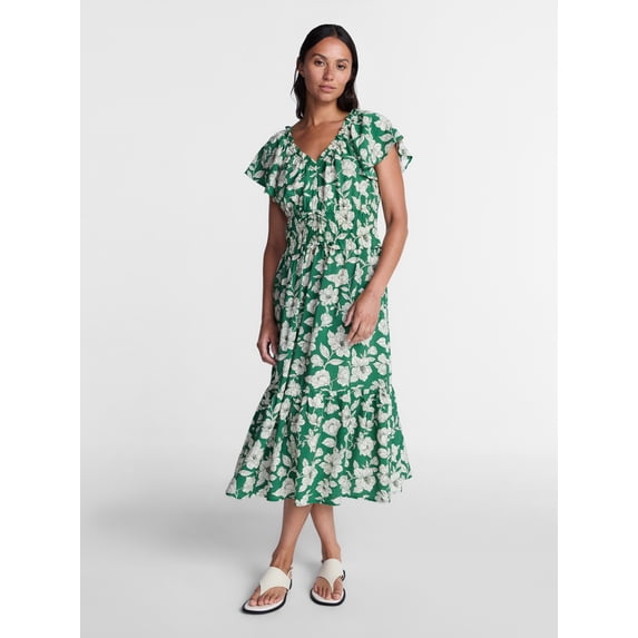 Time and Tru Women's Tiered Midi Dress with Flutter Sleeves, Sizes XS-XXXL