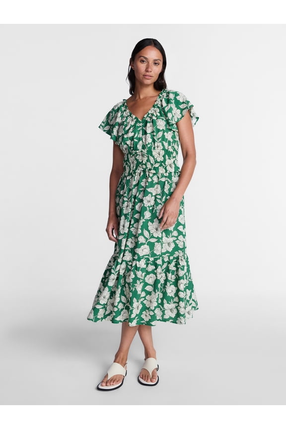 Women's Tiered Midi Dress with Flutter Sleeves, Sizes XS-XXXL