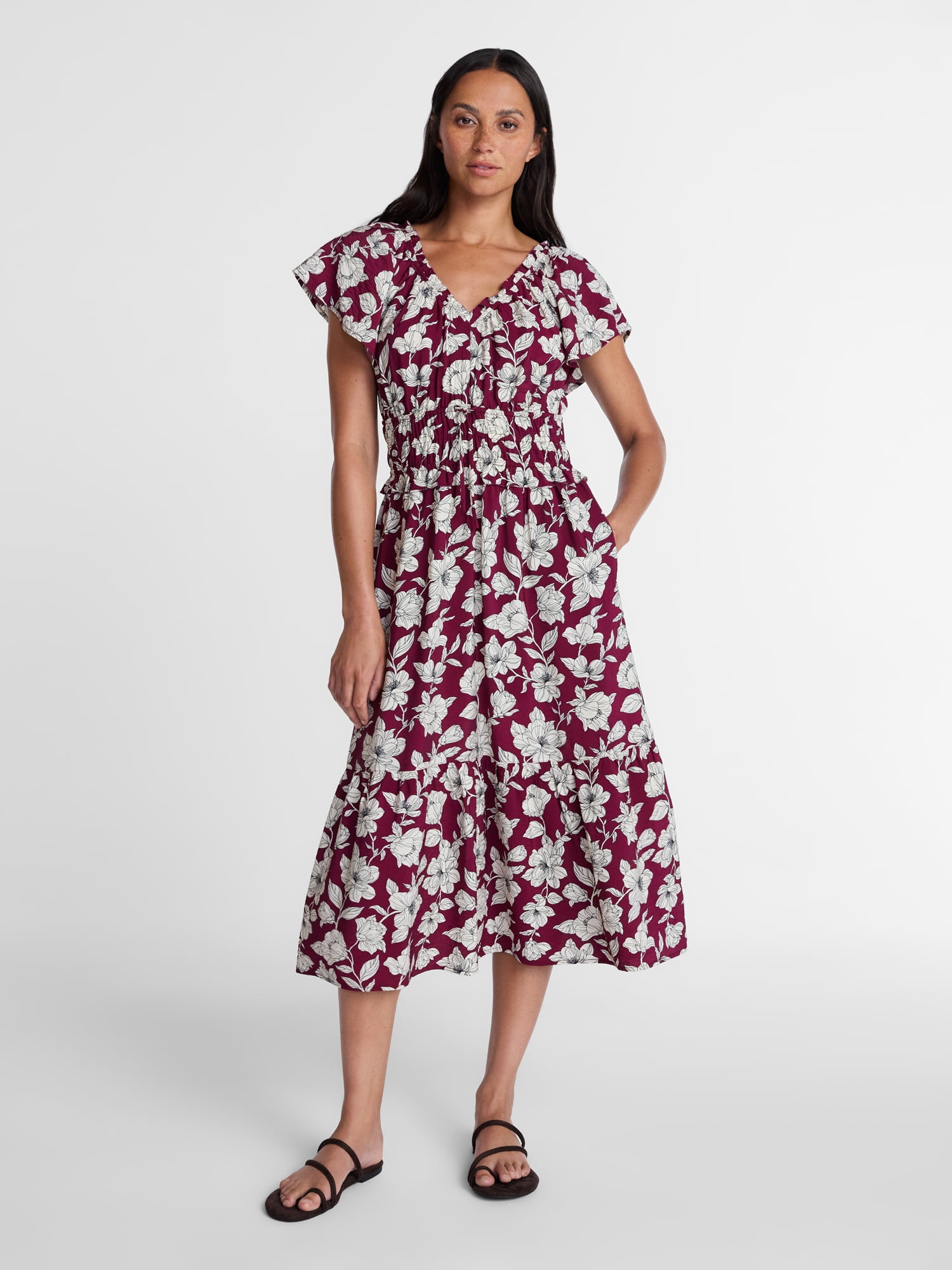 Time and Tru Women's Tiered Midi Dress with Flutter Sleeves, Sizes XS-XXXL