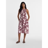 Time and Tru Women's Tiered Midi Dress with Flutter Sleeves (Outline Floral Rich Burgundy)