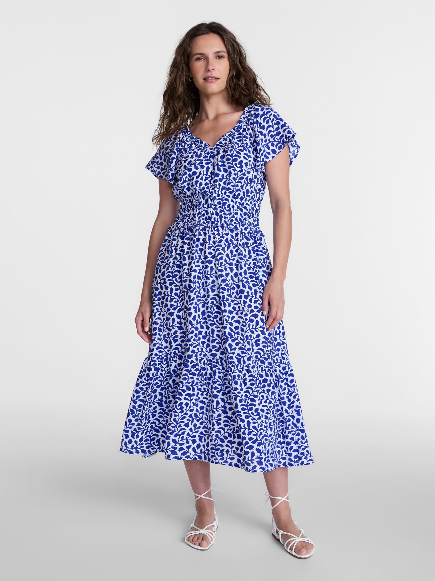 Time and Tru Women's Tiered Midi Dress with Flutter Sleeves, Sizes XS-XXXL