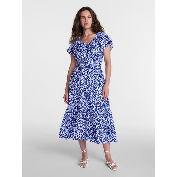 Time and Tru Women's Tiered Midi Dress with Flutter Sleeves, Sizes XS-XXXL