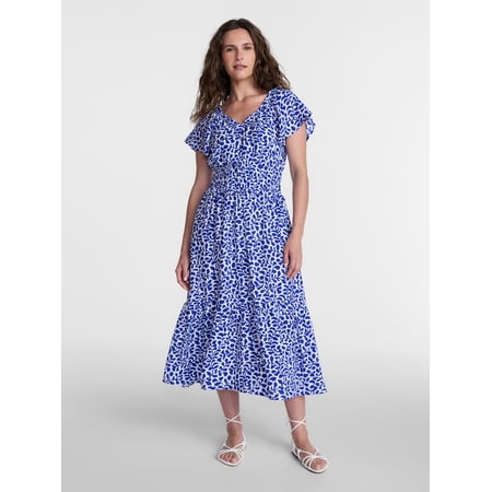 Time and Tru Women's Tiered Midi Dress with Flutter Sleeves, Sizes XS-XXXL
