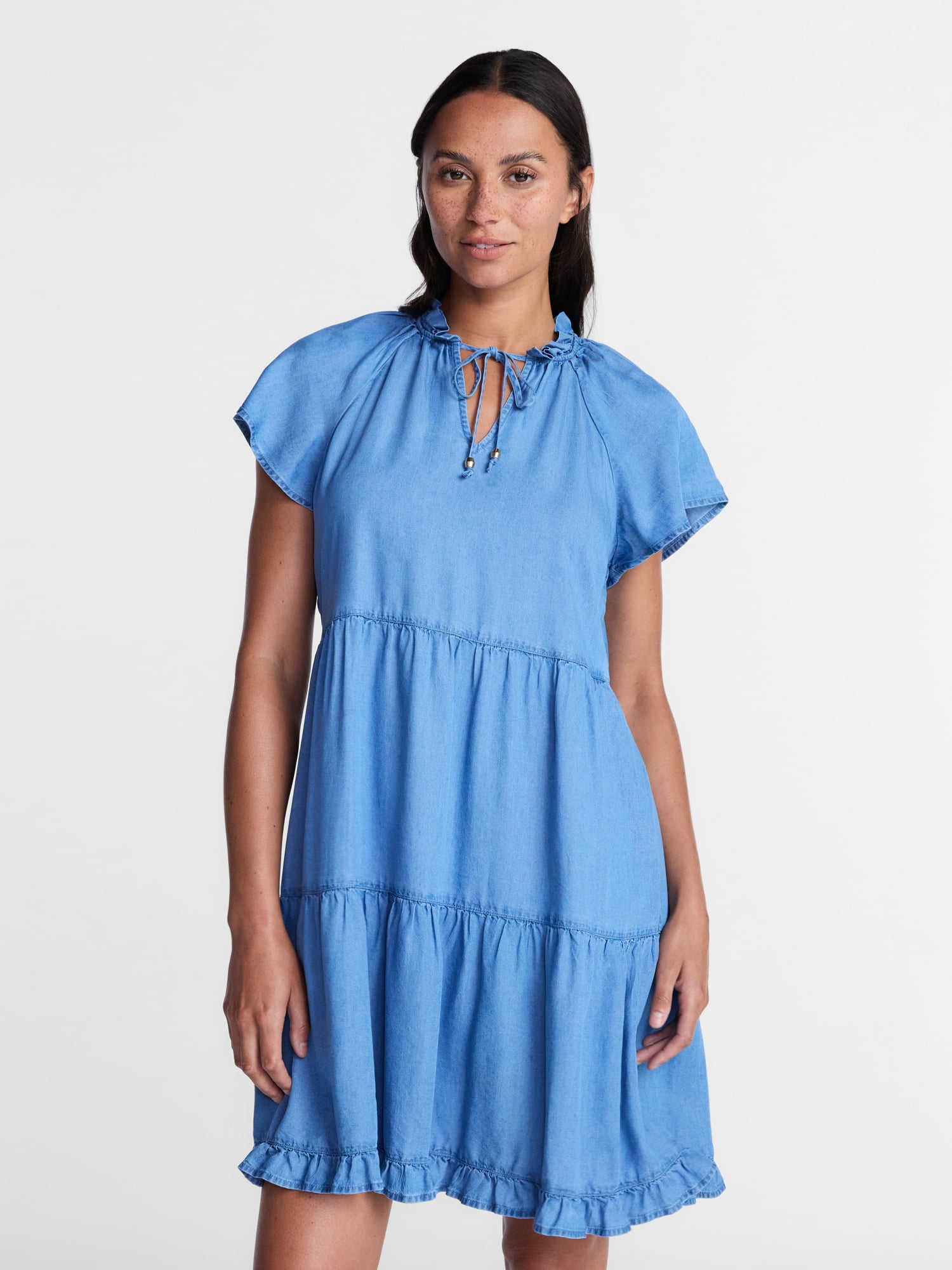 Time and Tru Women's Tiered Mini Dress with Flutter Sleeves, Sizes XS-XXXL