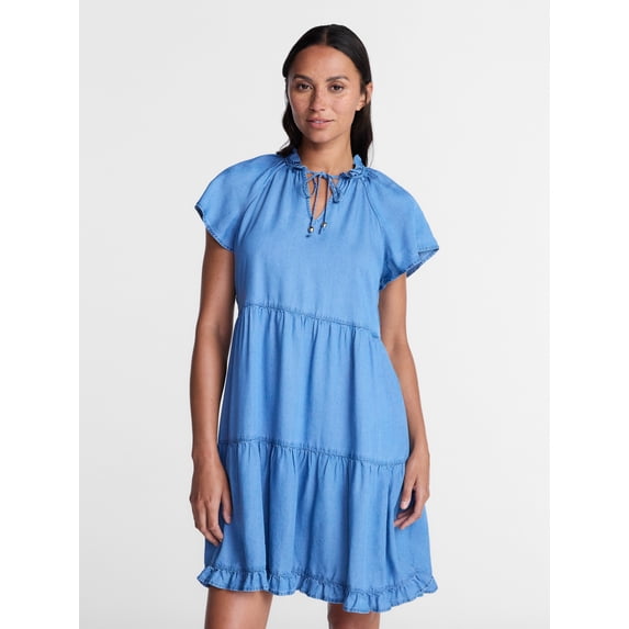 Time and Tru Women's Tiered Mini Dress with Flutter Sleeves, Sizes XS-XXXL