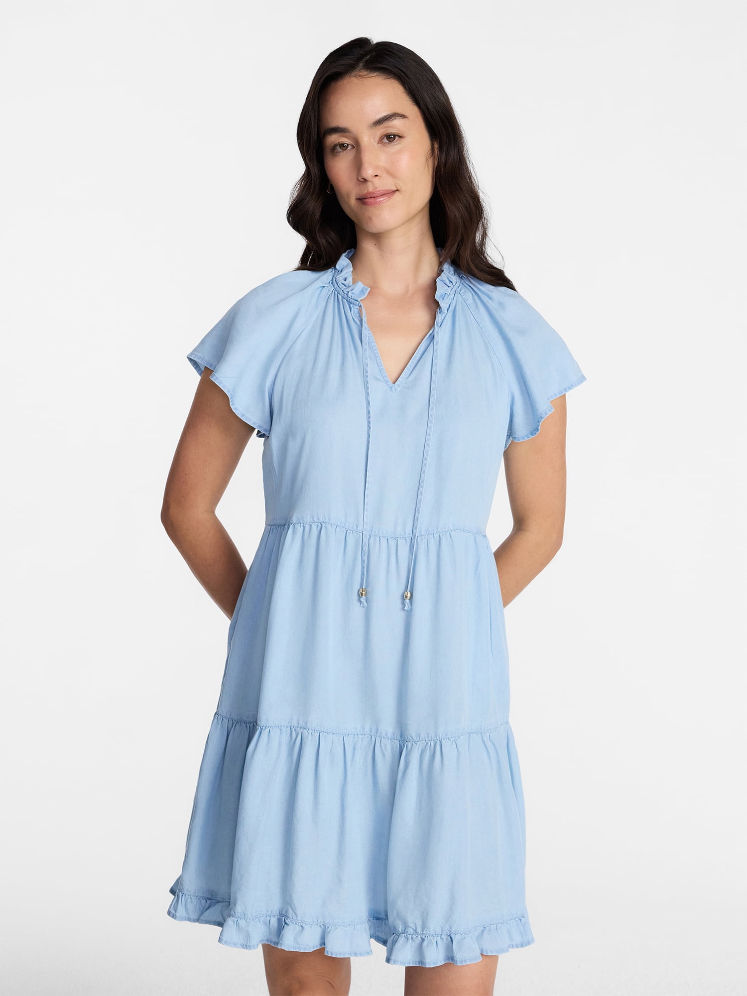 Time and Tru Women's Tiered Mini Dress with Flutter Sleeves, Sizes XS-XXXL