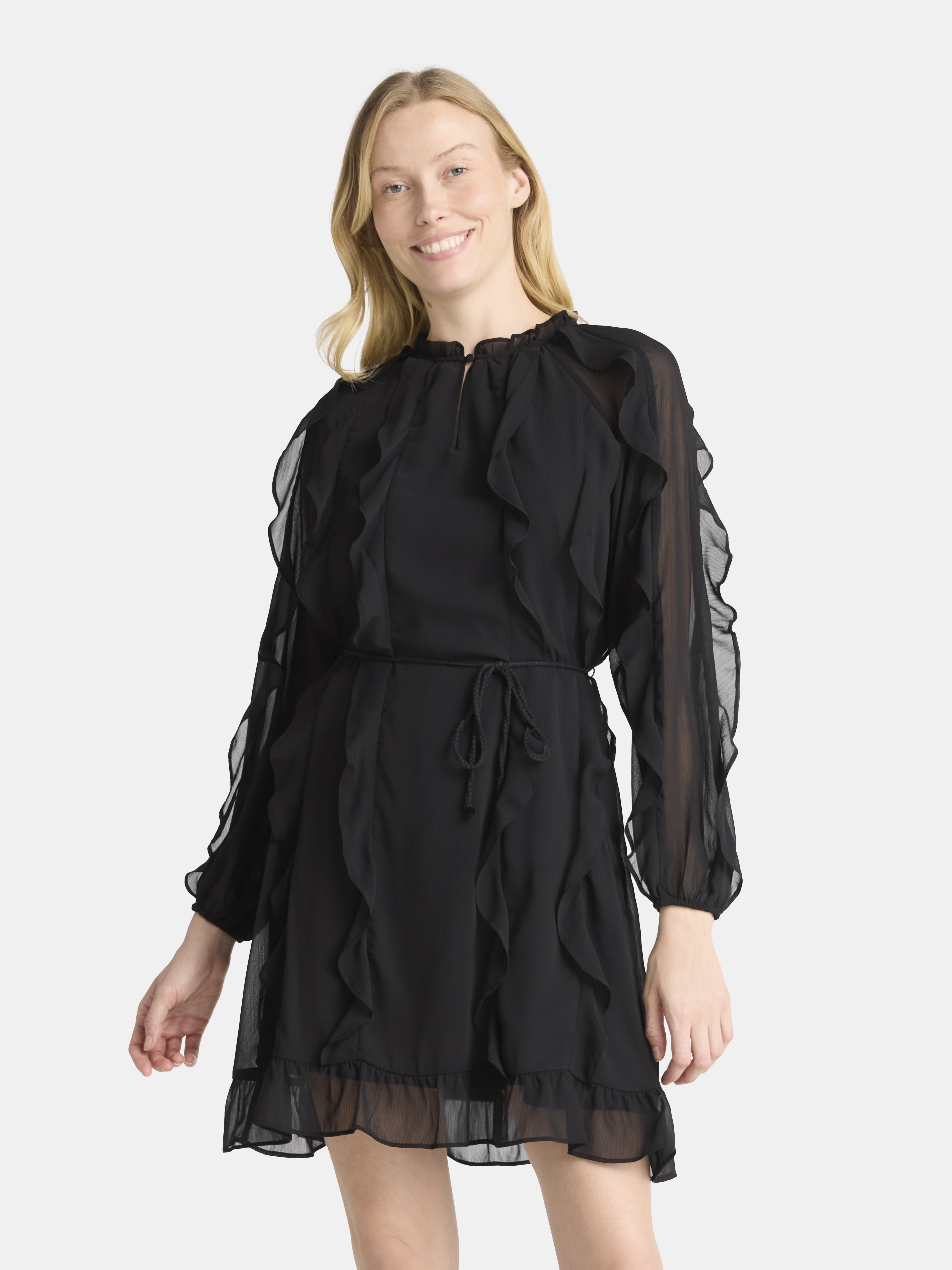 Time and Tru Women's and Women's Plus Belted Ruffle Mini Dress, Sizes XS-4X