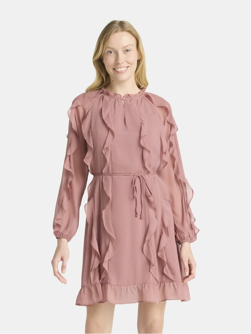 Time and Tru Women's and Women's Plus Belted Ruffle Mini Dress, Sizes XS-4X