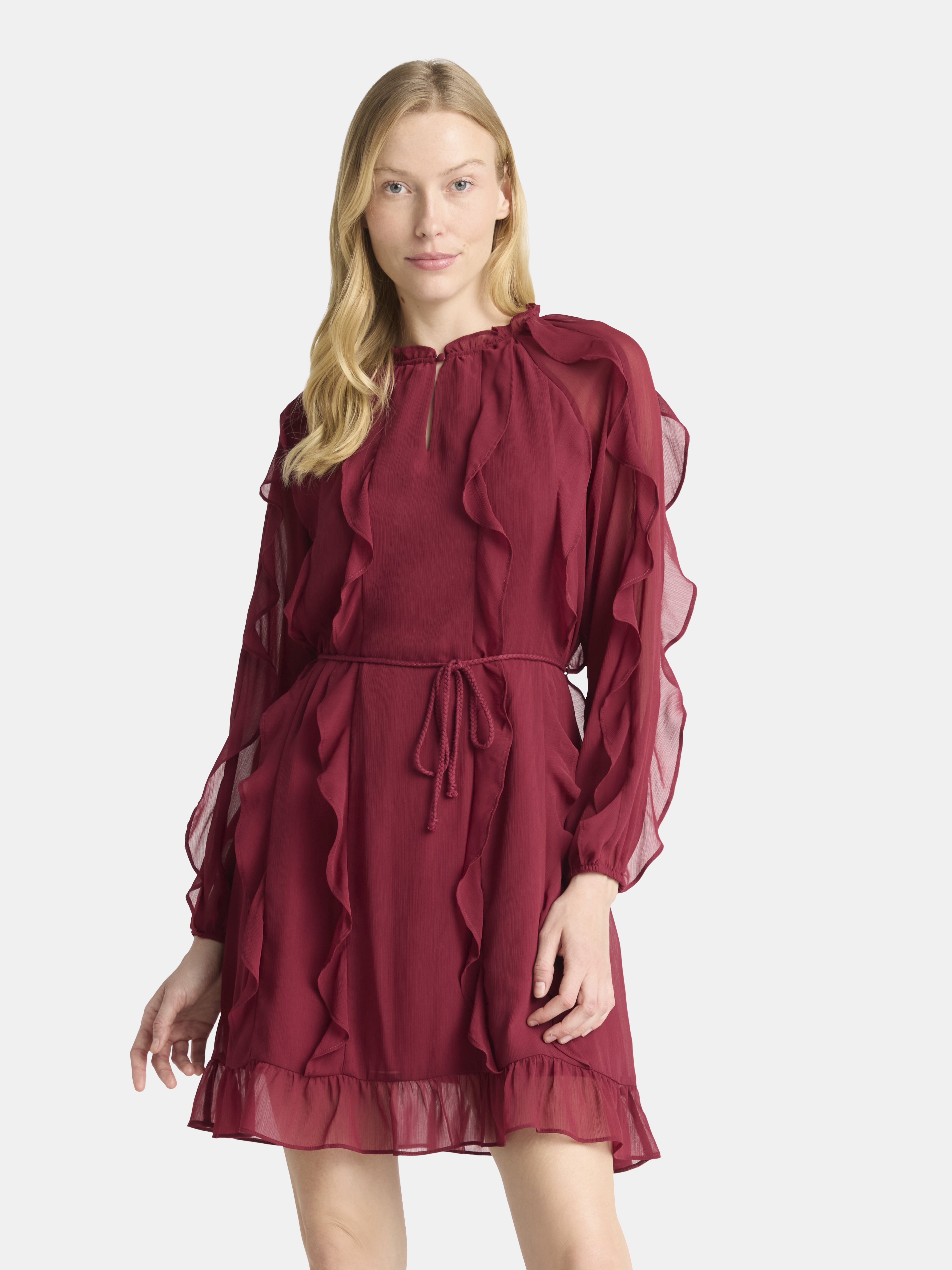 Time and Tru Women's and Women's Plus Belted Ruffle Mini Dress, Sizes XS-4X