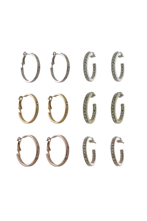 Mixed Metal 6 Pair Crystal Hoop Earring Set