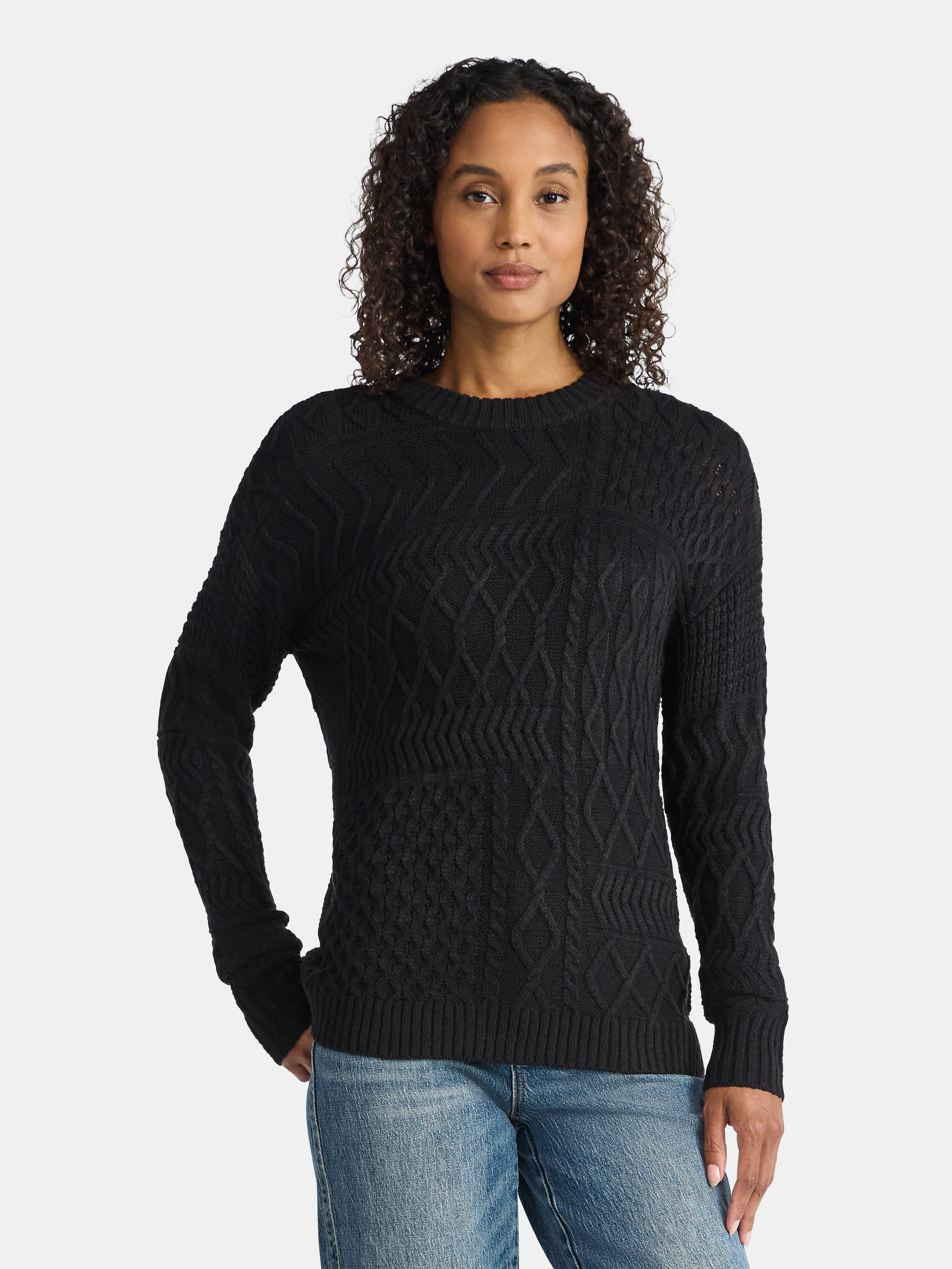Time and Tru Women’s and Women’s Plus Mixed Stitch Sweater, Midweight, Sizes XS-4X