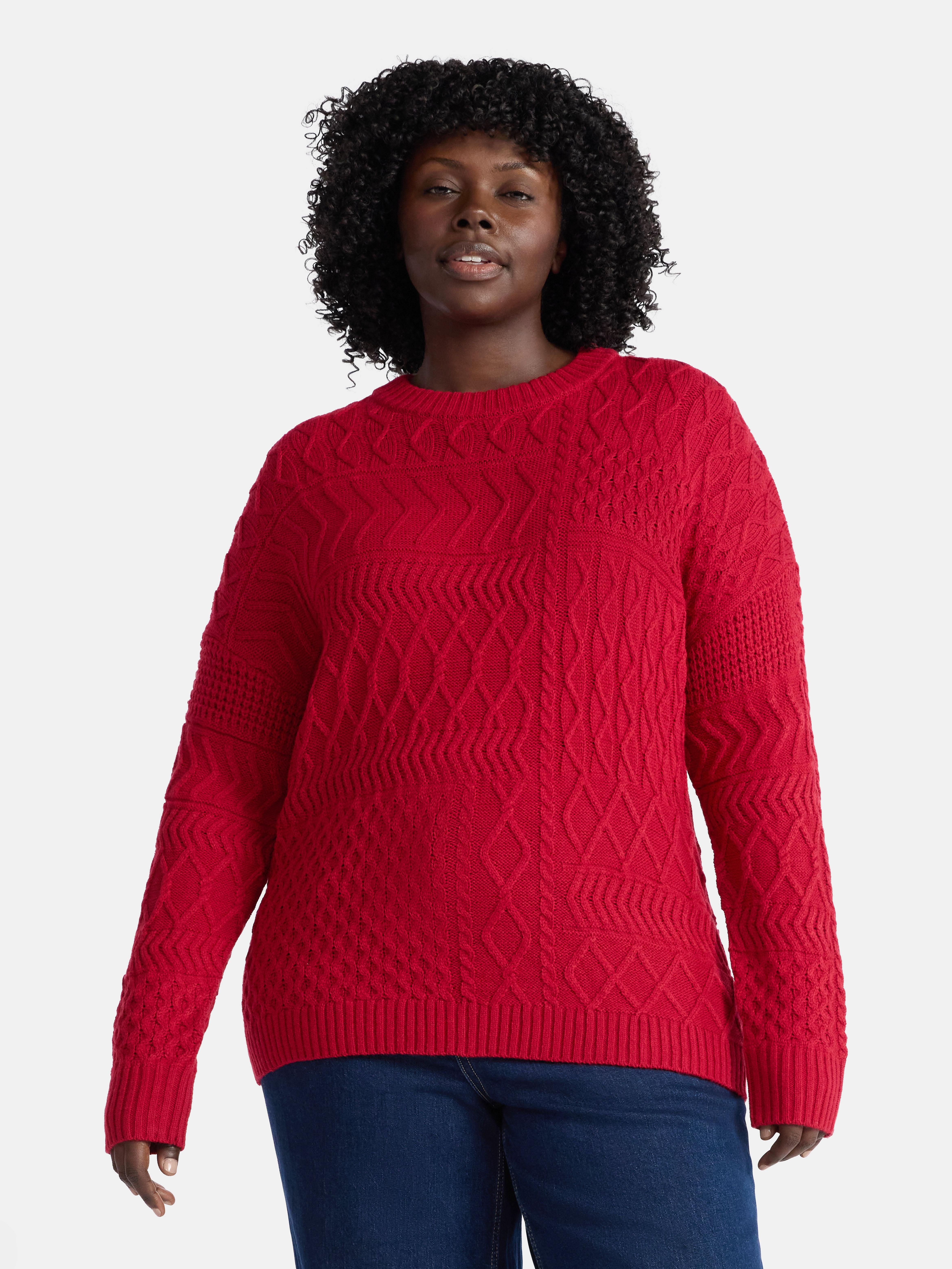 Time and Tru Women’s and Women’s Plus Mixed Stitch Sweater, Midweight, Sizes XS-4X