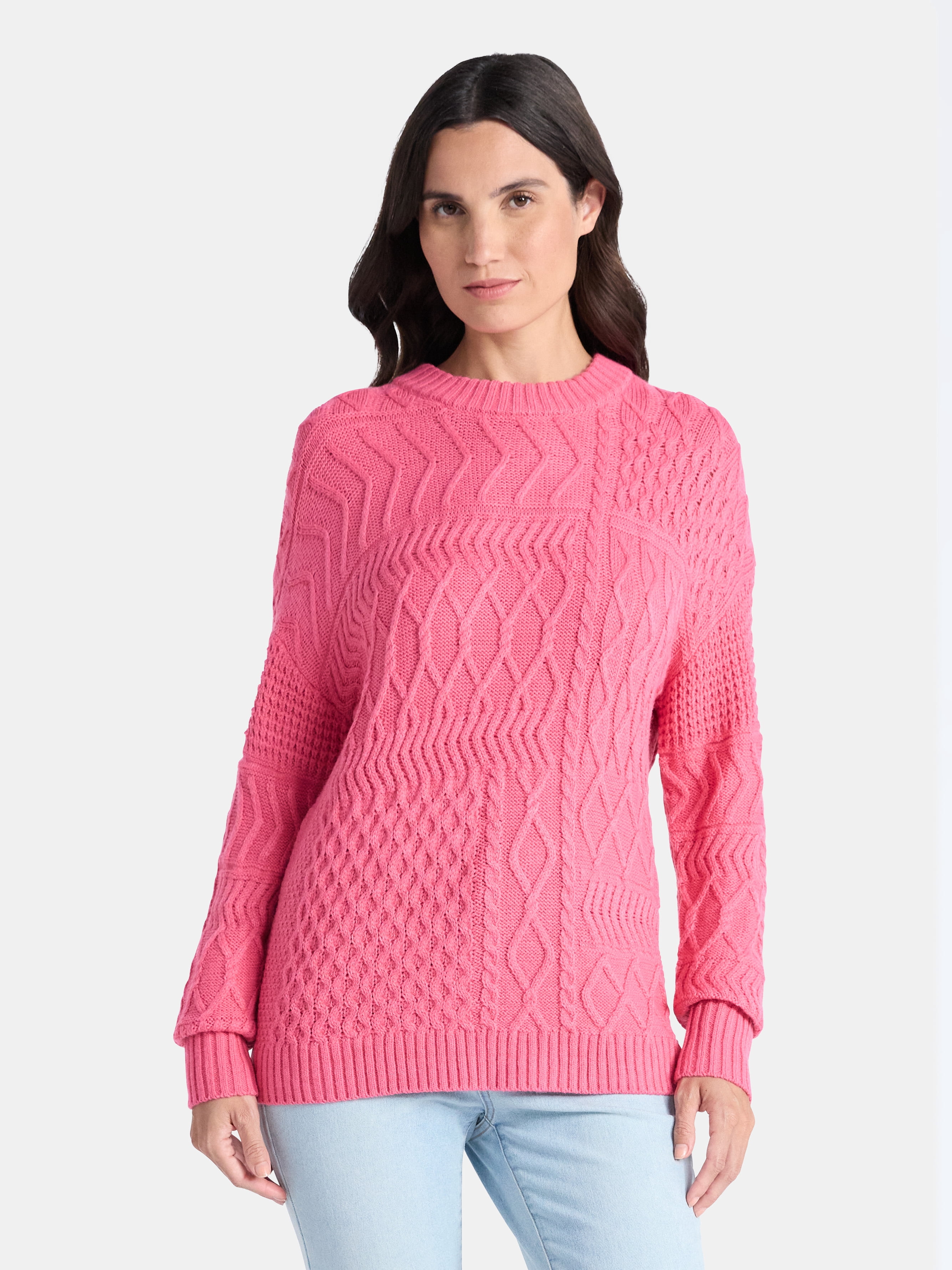 Time and Tru Women’s and Women’s Plus Mixed Stitch Sweater, Midweight, Sizes XS-4X