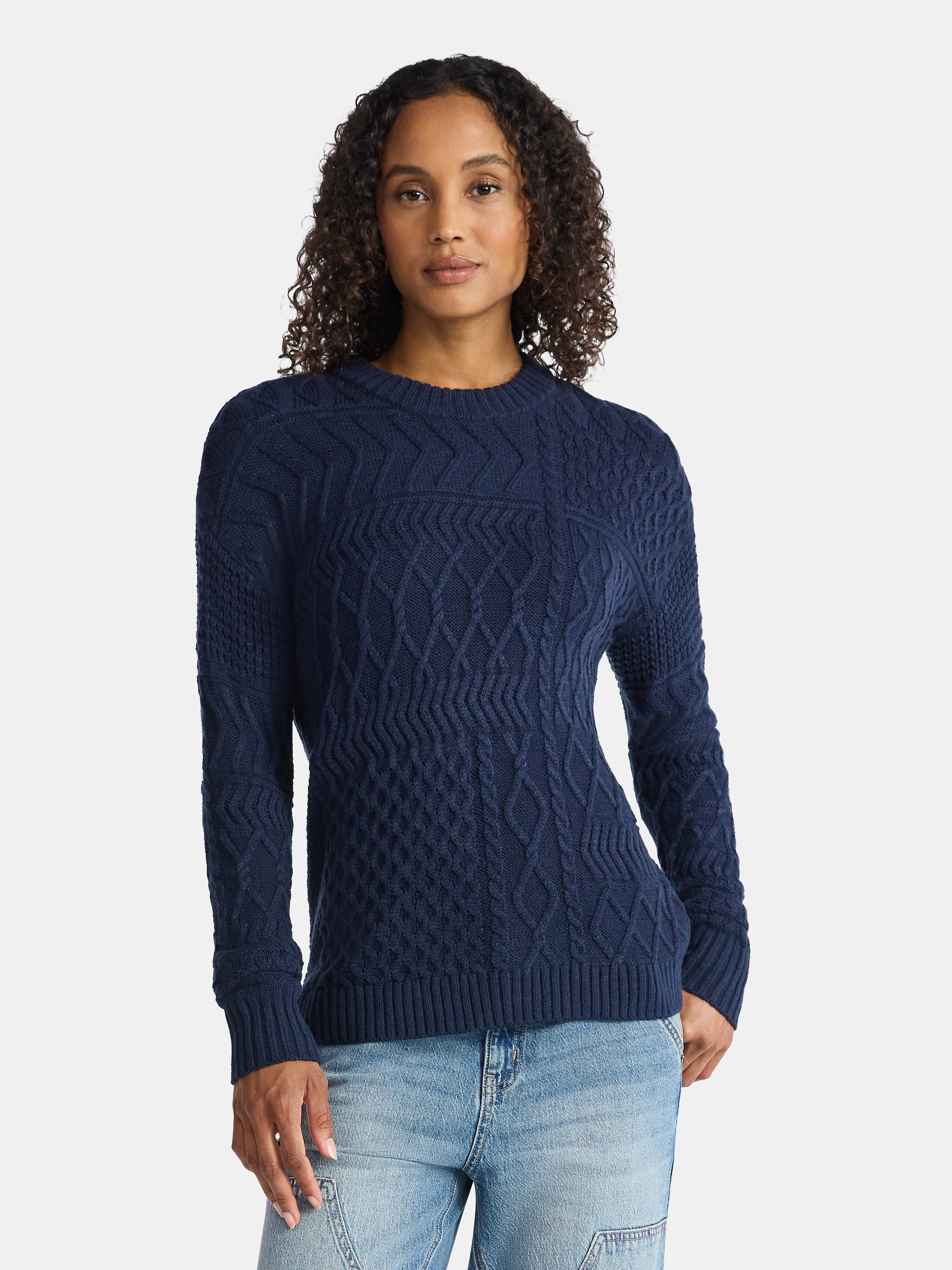 Time and Tru Women’s and Women’s Plus Mixed Stitch Sweater, Midweight, Sizes XS-4X