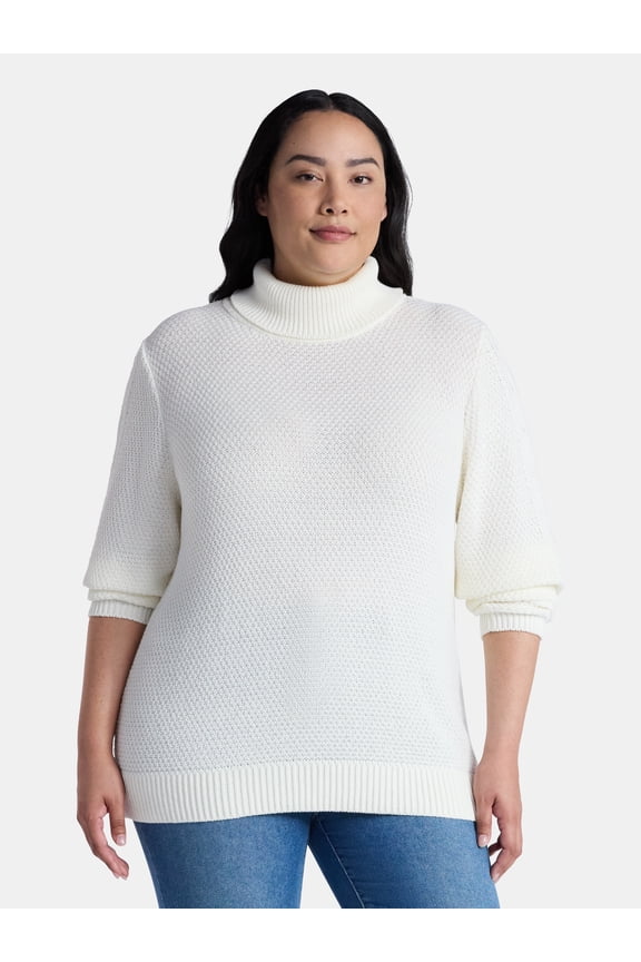 Women’s and Women’s Plus Turtleneck Sweater with Cable Sleeves, Midweight, Sizes XS-4X