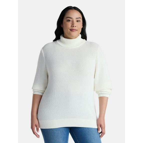 Time and Tru Women’s and Women’s Plus Turtleneck Sweater with Cable Sleeves, Midweight, Sizes XS-4X