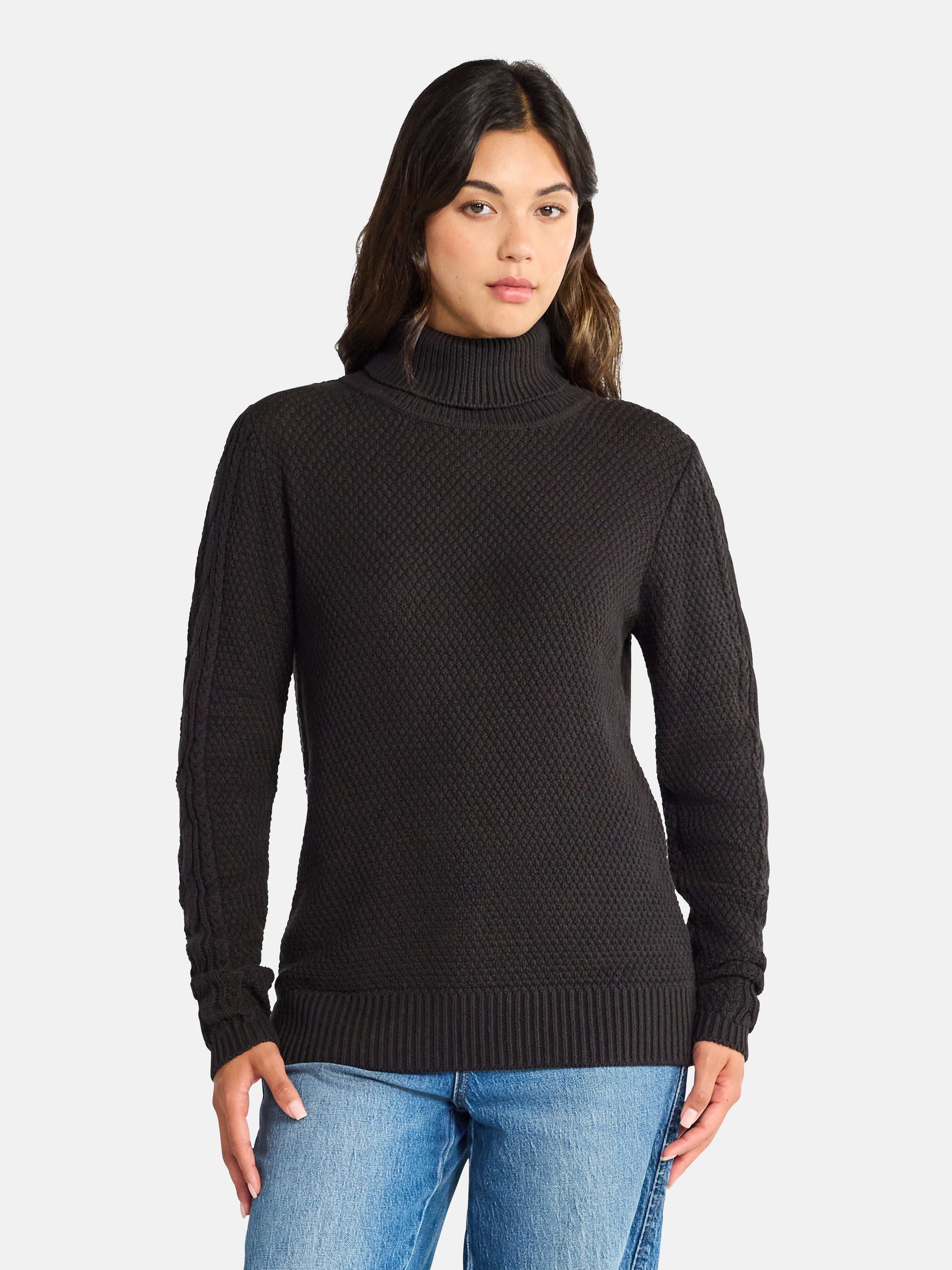 Time and Tru Women’s and Women’s Plus Turtleneck Sweater with Cable Sleeves, Midweight, Sizes XS-4X