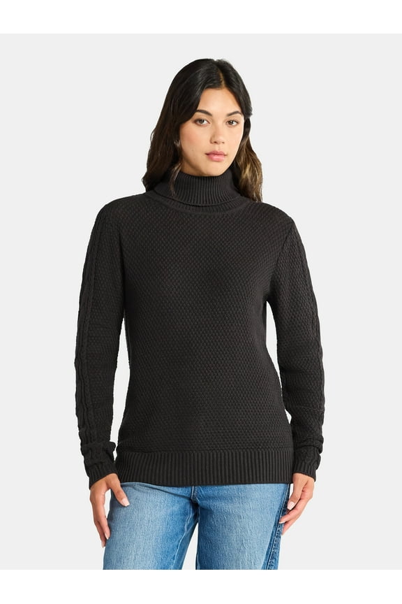 Women’s and Women’s Plus Turtleneck Sweater with Cable Sleeves, Midweight, Sizes XS-4X