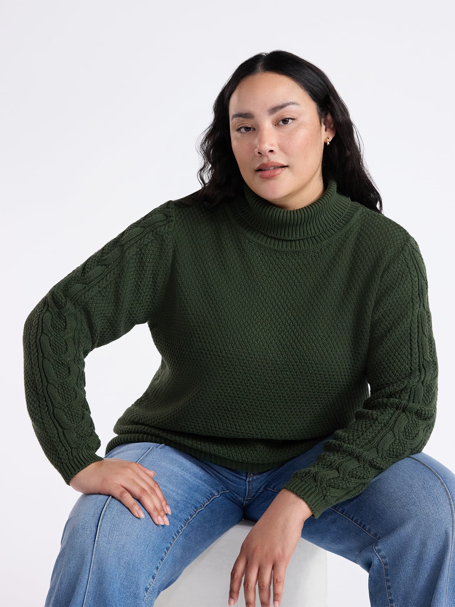 Time and Tru Women’s and Women’s Plus Turtleneck Sweater with Cable Sleeves, Midweight, Sizes XS-4X
