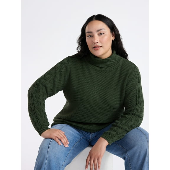 Time and Tru Women’s and Women’s Plus Turtleneck Sweater with Cable Sleeves, Midweight, Sizes XS-4X