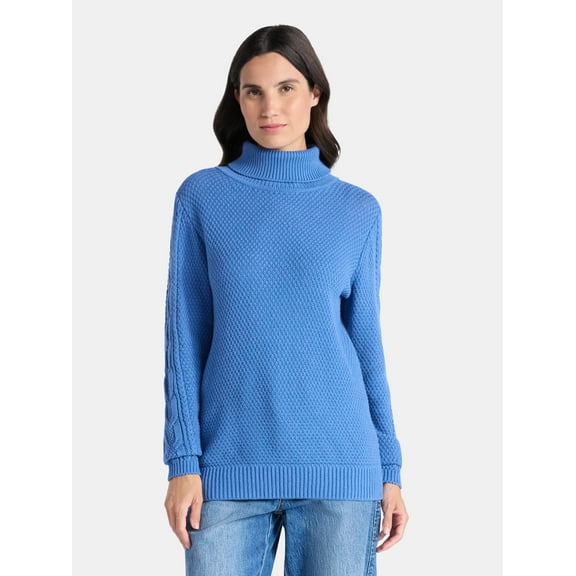 Time and Tru Women’s and Women’s Plus Turtleneck Sweater with Cable Sleeves, Midweight, Sizes XS-4X