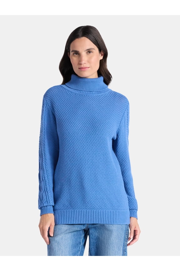 Women’s and Women’s Plus Turtleneck Sweater with Cable Sleeves, Midweight, Sizes XS-4X