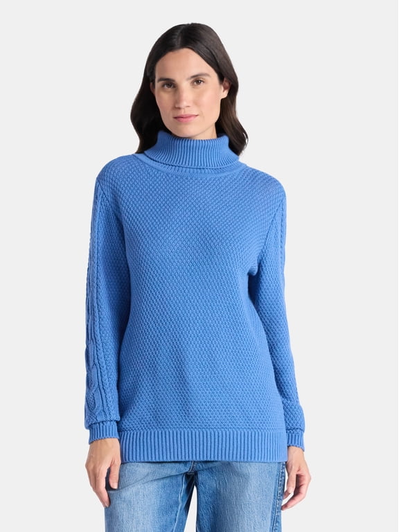 Women’s and Women’s Plus Turtleneck Sweater with Cable Sleeves, Midweight, Sizes XS-4X