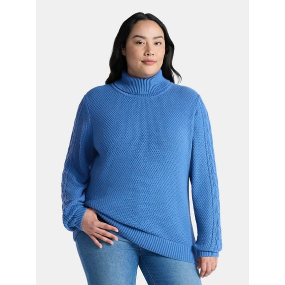 Time and Tru Women’s and Women’s Plus Turtleneck Sweater with Cable Sleeves, Midweight, Sizes XS-4X