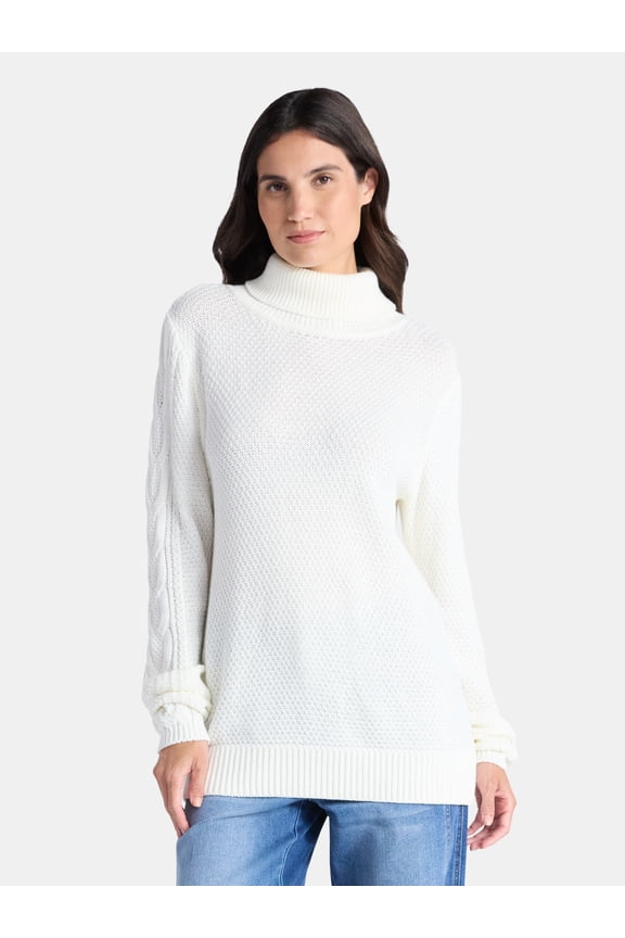 Women’s and Women’s Plus Turtleneck Sweater with Cable Sleeves, Midweight, Sizes XS-4X
