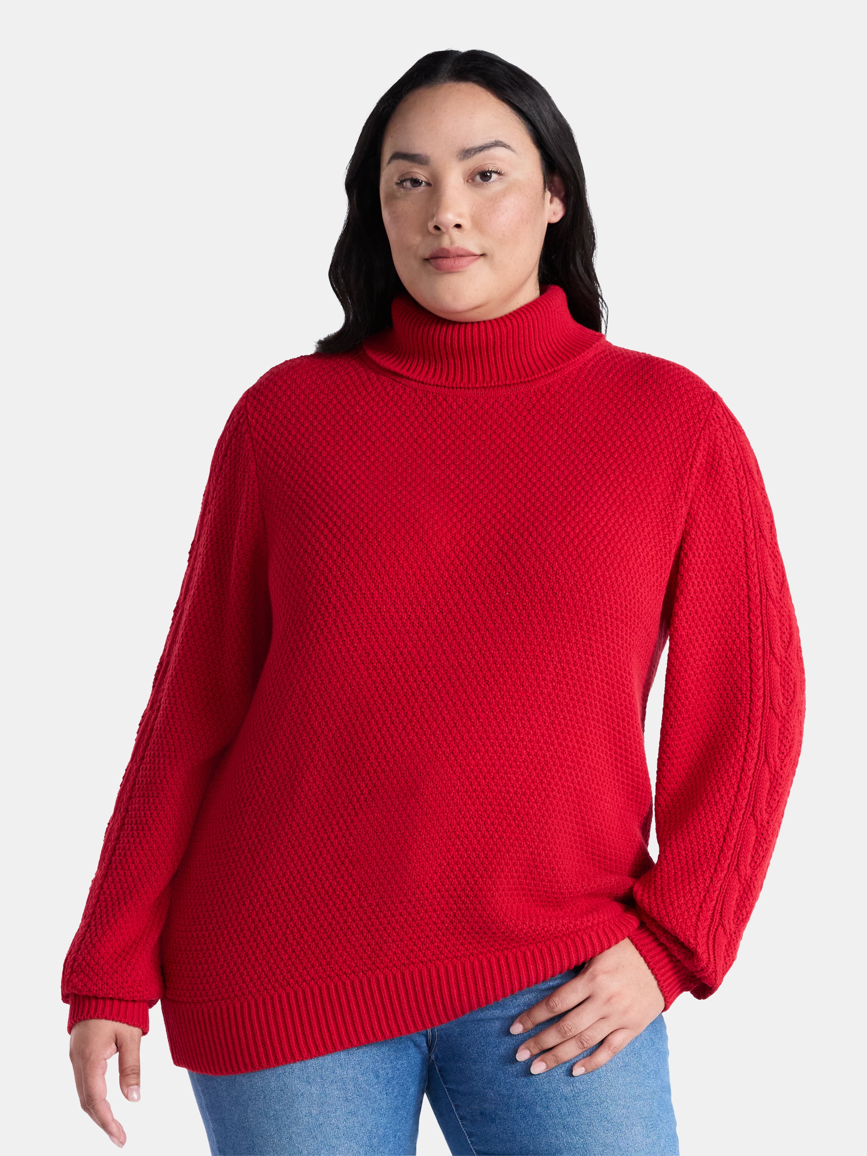Time and Tru Women’s and Women’s Plus Turtleneck Sweater with Cable Sleeves, Midweight, Sizes XS-4X