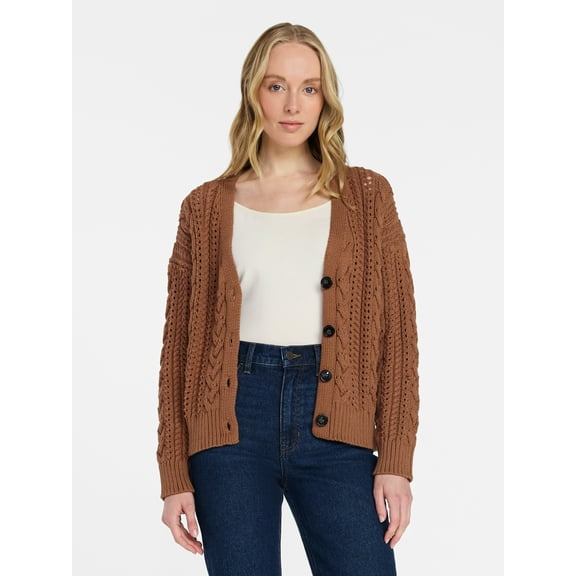 Time and Tru Women's Cable Knit Cardigan Sweater with Long Sleeves, Lightweight, Sizes XS-XXXL