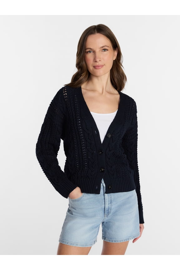 Women's Cable Knit Cardigan Sweater, Lightweight, Sizes XS-XXXL